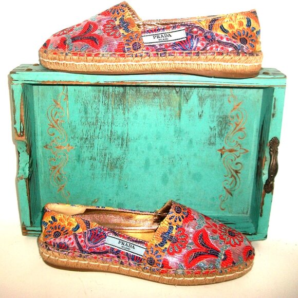 PRADA NearNew Metallic Brocade Comfort Espadrille Flats 37M 7M - Picture 1 of 11